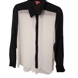 Bongo Sheer Black White Colorblock Long Sleeve Button Up Shirt Blouse Top